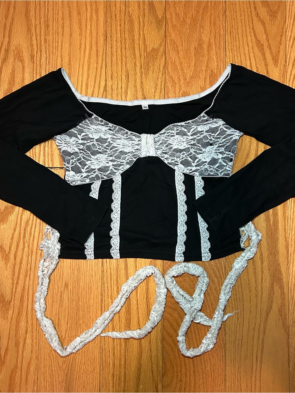 Black Lace-Trim Bow Front Long Sleeve Top